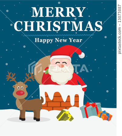 santa hold gift on snowy roof &deer santa hold gift on snowy roof &deer 13073887