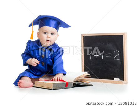 baby with open book in academician clothes at chalkboard baby with open book in academician clothes at chalkboard 13081018