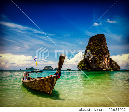 Long tail boat on beach, Thailand 13085932