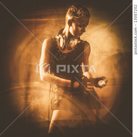 Steampunk girl looking at stopwatch against abstract background 13087202
