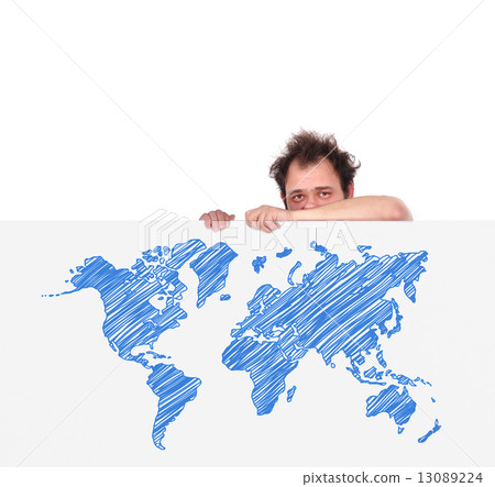 unhappy men and world map 13089224
