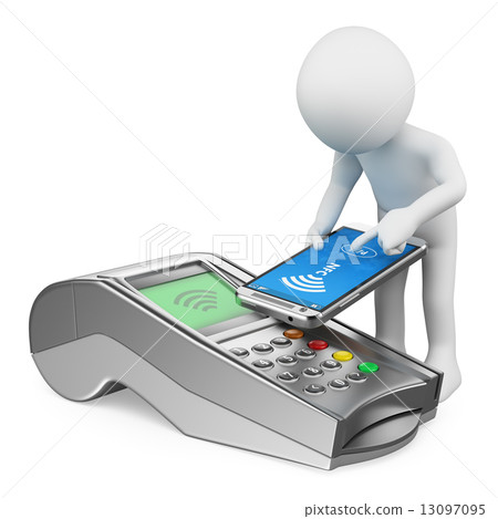 3D white people. Man paying with a mobile phone with NFC 13097095