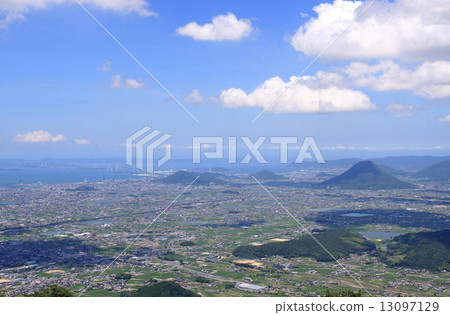 The Sanuki Plain and the Seto Inland Sea from Ozakiyama (Sanuki Fuji on the right, many reservoirs in the center, the Seto Ohashi bridge on the left) 13097129