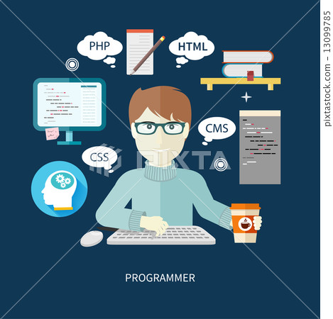 Male programmer with digital devices on workplace Male programmer with digital devices on workplace 13099785