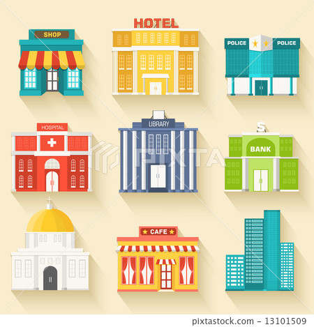 Flat colorful vector sity buildings set. Icons background concep 13101509