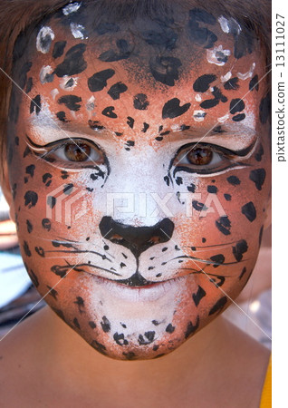 cute girl kid face with painted panther color mask 13111027
