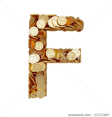 Alphabet letter F with golden coins isolated on white background 13111907