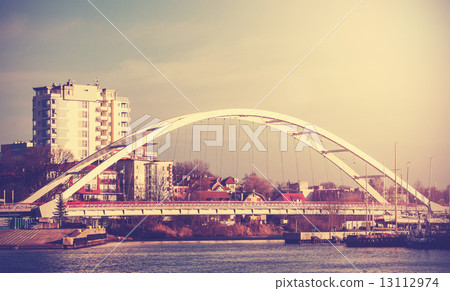 Retro vintage filtered picture of a bridge in Kolobrzeg, Poland. 13112974