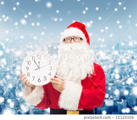 man in costume of santa claus with clock man in costume of santa claus with clock 13120108