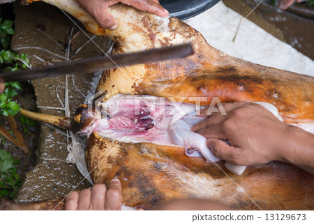 cutting up pork with knife 13129673