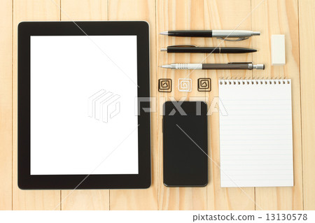 Tablet PC and smart phone with school office supplies . 13130578