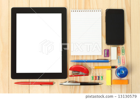 Tablet PC and smart phone with school office supplies. 13130579