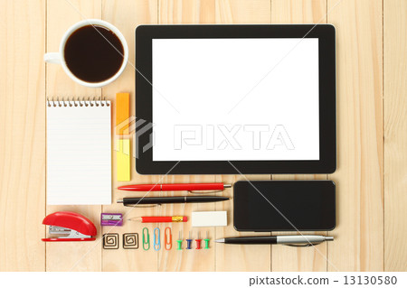 Tablet PC and smart phone with school office supplies. Tablet PC and smart phone with school office supplies. 13130580