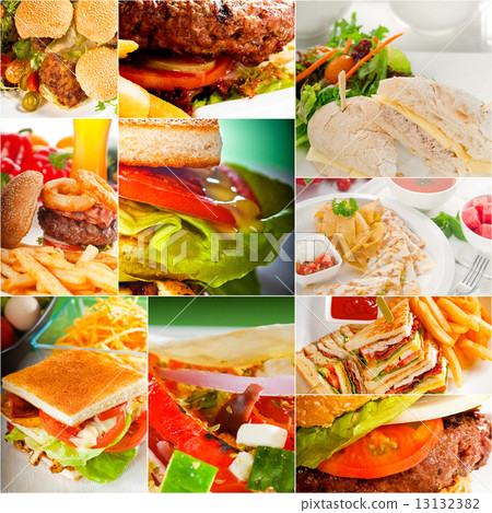 burgers and sandwiches collection on a collage 13132382