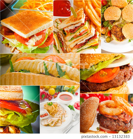 burgers and sandwiches collection on a collage 13132383