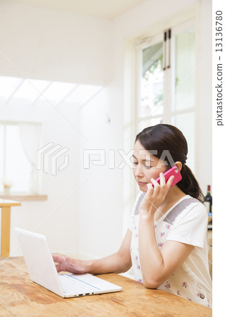 中間女性電腦電話 中間女性電腦電話 13136780
