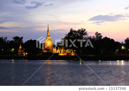 Sukhothai historical park at twilight, the old town of Thailand 13137398