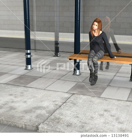 公共汽車站的女性真正的3D CG例證材料 13138491