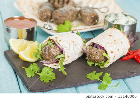 Seekh Kebab Wrap - Grilled spiced lamb mince and salad wrapped in a flatbread. 13140006