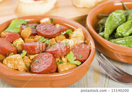 Chorizo & Bread and Padron Peppers Tapas - Spanish tapas dishes.  13140200
