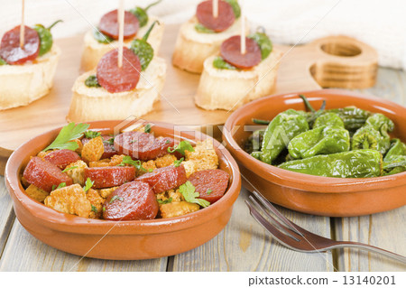 Chorizo & Bread and Padron Peppers Tapas - Spanish tapas dishes.  13140201