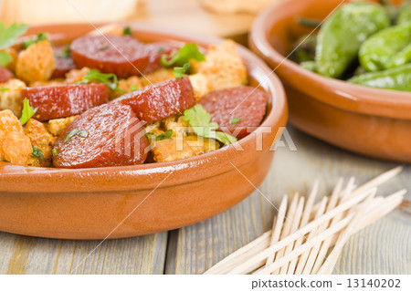 Chorizo & Bread and Padron Peppers Tapas - Spanish tapas dishes.  13140202