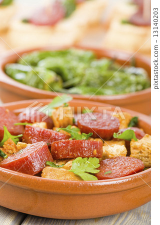 Chorizo & Bread and Padron Peppers Tapas - Spanish tapas dishes.  13140203