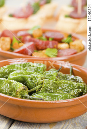 Chorizo & Bread and Padron Peppers Tapas - Spanish tapas dishes.  13140204