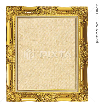 old golden frame with empty grunge linen canvas for your picture 13140294