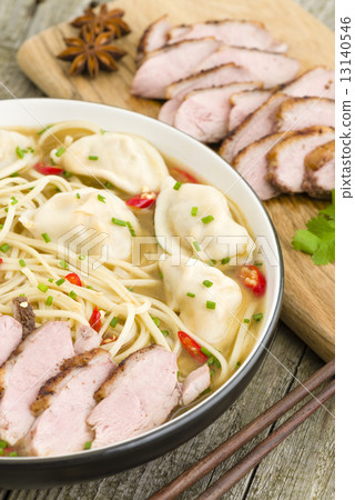Wonton Noodle Soup - Chinese noodle soup with dumplings and sliced duck breast. Wonton Noodle Soup - Chinese noodle soup with dumplings and sliced duck breast. 13140546