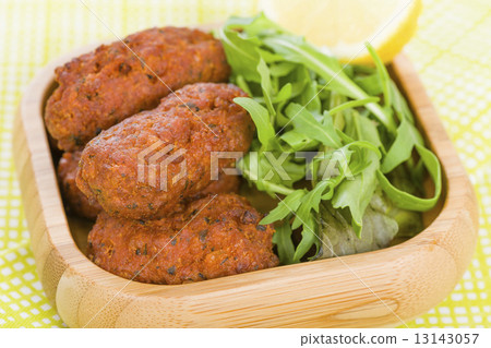 Koftas - Asian style meatballs served with salad and pita bread, chili sauce and yoghurt. 13143057