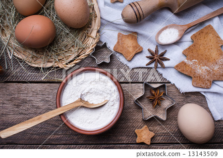 Flour and eggs for Christmas pastry and holiday cookies 13143509