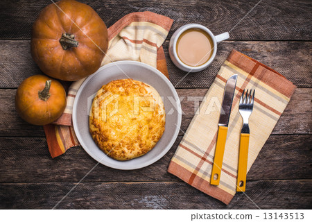 Lunch coffee with flatbread and pumpkins on wooden table 13143513
