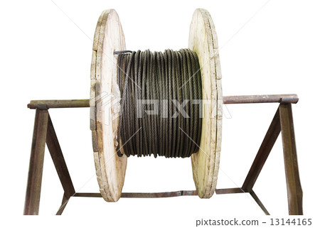 industrial wooden reel with steel rope isolated 13144165