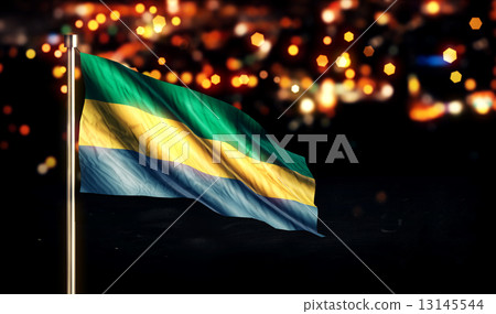 Gabon National Flag City Light Night Bokeh Background 3D 13145544