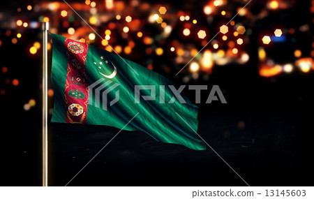 Turkmenistan National Flag City Light Night Bokeh Background 3D 13145603