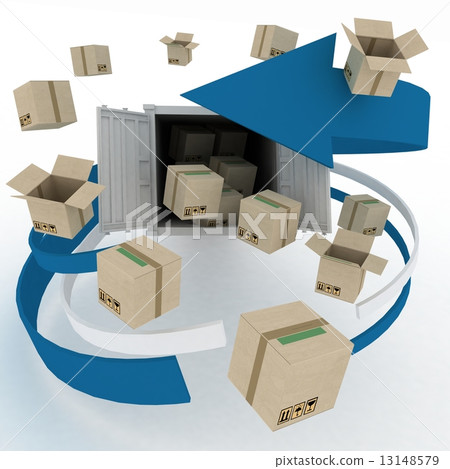 3d cardboard boxes around container on white background. Worldwide shipping concept. 3d cardboard boxes around container on white background. Worldwide shipping concept. 13148579