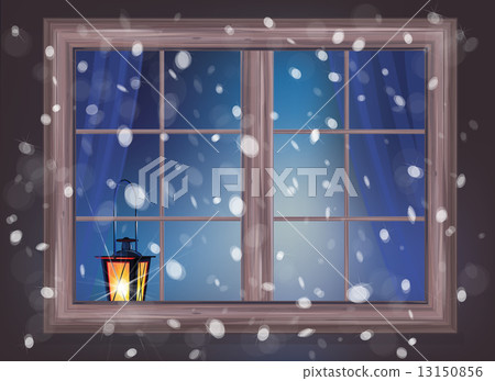 Vector winter night scene of window with lantern. 13150856