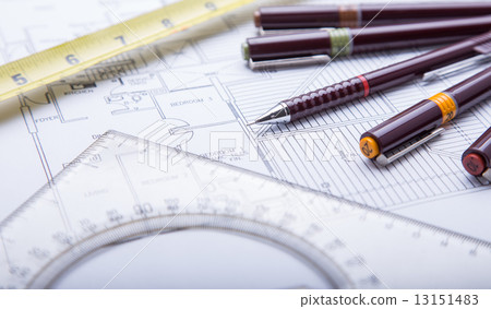 Blueprints and drafting tools. Blueprints and drafting tools. 13151483