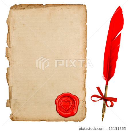 aged paper sheet with heart seal and vintage ink pen 13151865