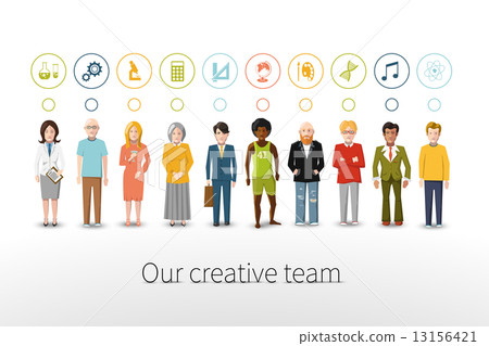 Our creative team of ten people with occupations icons Our creative team of ten people with occupations icons 13156421