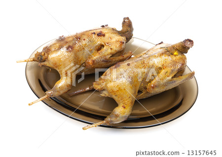 carcass roasted woodcocks on a plate isolated on white backgroun 13157645