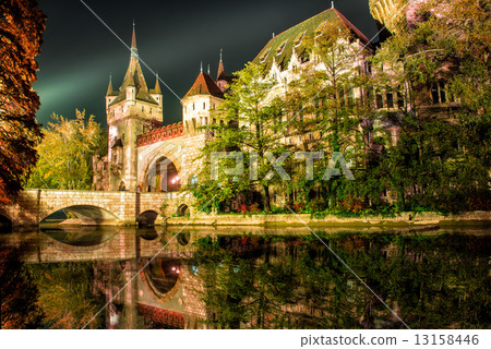 Vajdahunyad castle at the night with lake in Budapest Vajdahunyad castle at the night with lake in Budapest 13158446