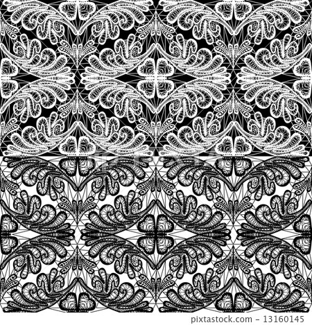 Seamless pattern - floral lace ornament - white and black backgr Seamless pattern - floral lace ornament - white and black backgr 13160145