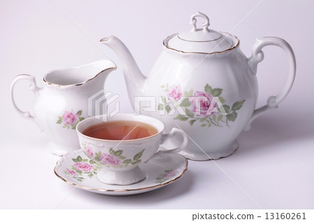 Traditional english tea with white tea set floral dishware 13160261