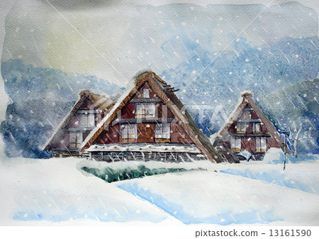 Watercolor painting of Gokayama Shirakawago snow scene in winter 13161590