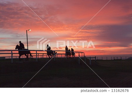 Race Horses Training Track Riders Silhoutted Sunrise Race Horses Training Track Riders Silhoutted Sunrise 13162676