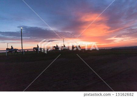 Race Horses Training Track Riders Silhoutted Sunrise 13162682