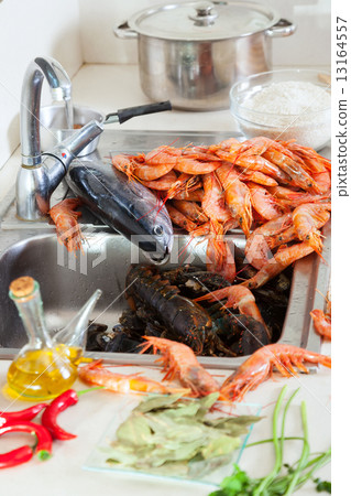 fresh uncooked seafood and spices fresh uncooked seafood and spices 13164557