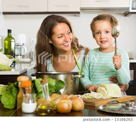 Mother with little daughter cooking at home Mother with little daughter cooking at home 13166263